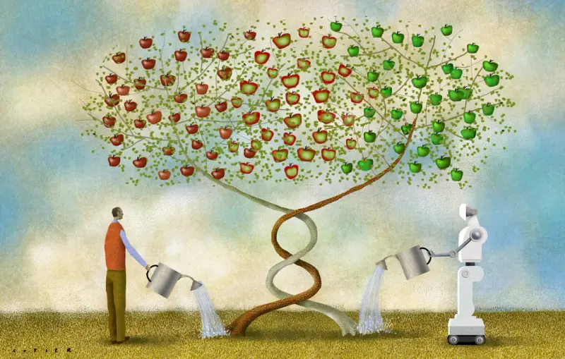 Mensch und Roboter gießen einen DNA-Baum mit Äpfeln. Symbolisiert die **evolution mensch zukunft** durch Technologie und Genetik.