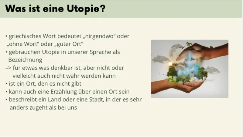 Hände halten eine Welt mit Bäumen, Wasserfall und Stadt. Merkmale Utopie: ein Ort, der nicht existiert, aber denkbar ist.